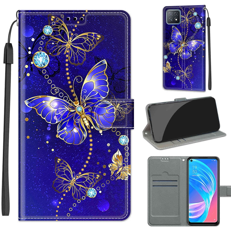 Voltage Coloured Drawing Magnetic Clasp Horizontal Flip PU Leather Case with Holder & Card Slots – Magnetic, Card Slot, Flip, For OPPO A72 5G / A73 5G / A53 5G For OPPO A72 5G A73 5G A53 5G C11 Blue Golden Chain Butterflies