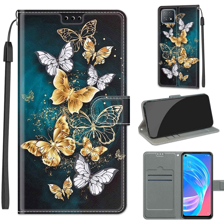 Voltage Coloured Drawing Magnetic Clasp Horizontal Flip PU Leather Case with Holder & Card Slots – Magnetic, Card Slot, Flip, For OPPO A72 5G / A73 5G / A53 5G For OPPO A72 5G A73 5G A53 5G C20 Gold Silver Flying Butterflies