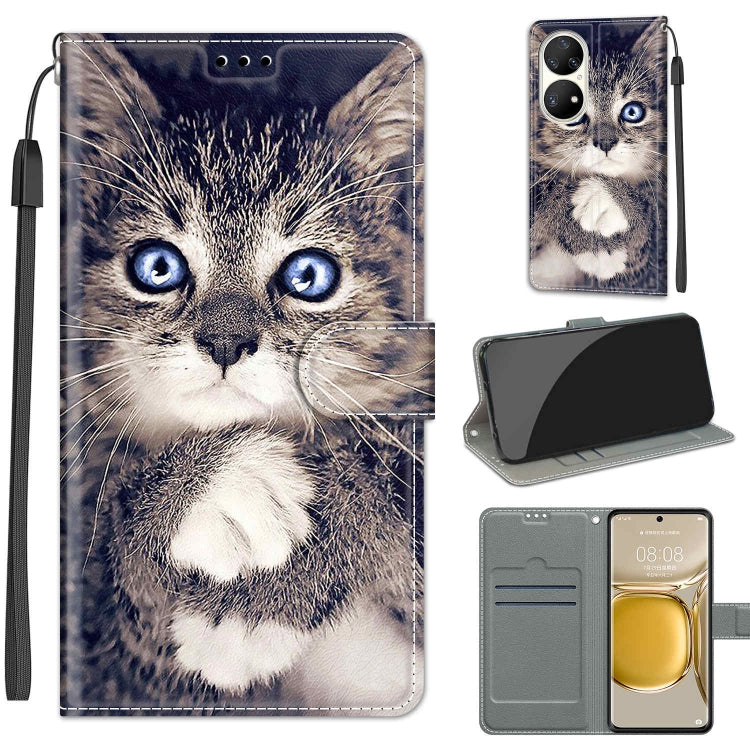 Voltage Coloured Drawing Magnetic Clasp Horizontal Flip PU Leather Case with Holder & Card Slots – Magnetic, Card Slot, Flip, For Huawei P50 Pro For Huawei P50 Pro C02 Fork Hand White Claw Cat