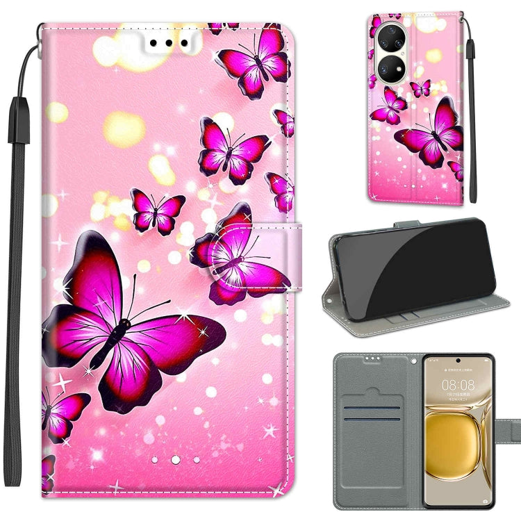 Voltage Coloured Drawing Magnetic Clasp Horizontal Flip PU Leather Case with Holder & Card Slots – Magnetic, Card Slot, Flip, For Huawei P50 Pro For Huawei P50 Pro C03 Gradient Pink Flying Butterflies