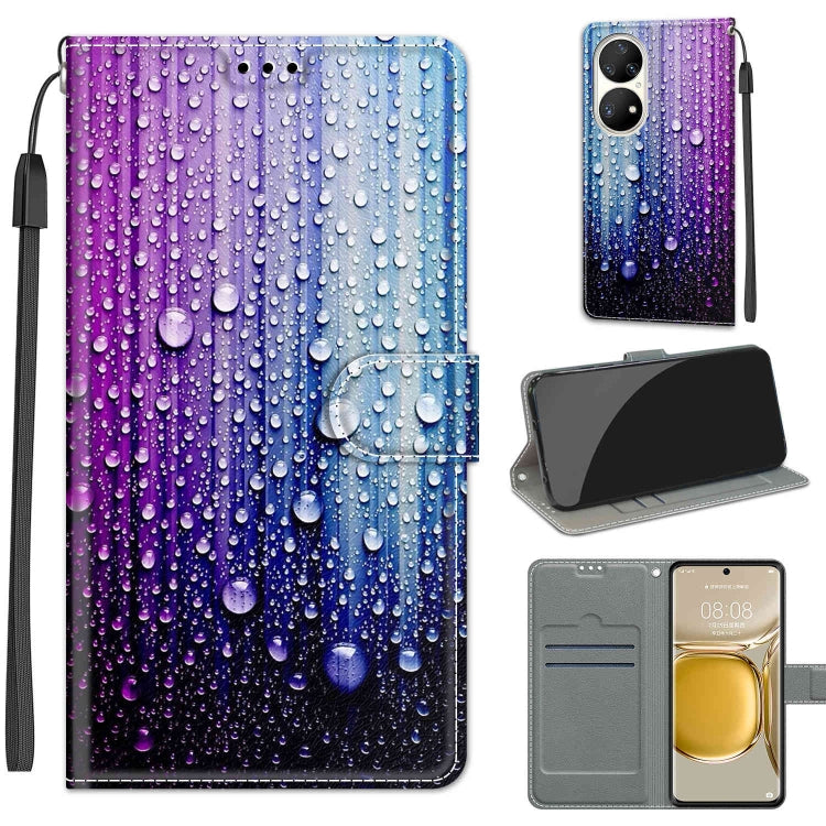 Voltage Coloured Drawing Magnetic Clasp Horizontal Flip PU Leather Case with Holder & Card Slots – Magnetic, Card Slot, Flip, For Huawei P50 Pro For Huawei P50 Pro C05 Purple Blue Water Drops