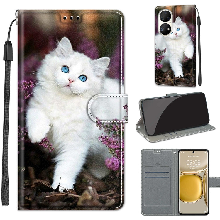 Voltage Coloured Drawing Magnetic Clasp Horizontal Flip PU Leather Case with Holder & Card Slots – Magnetic, Card Slot, Flip, For Huawei P50 Pro For Huawei P50 Pro C08 Flower Bush Big White Cat