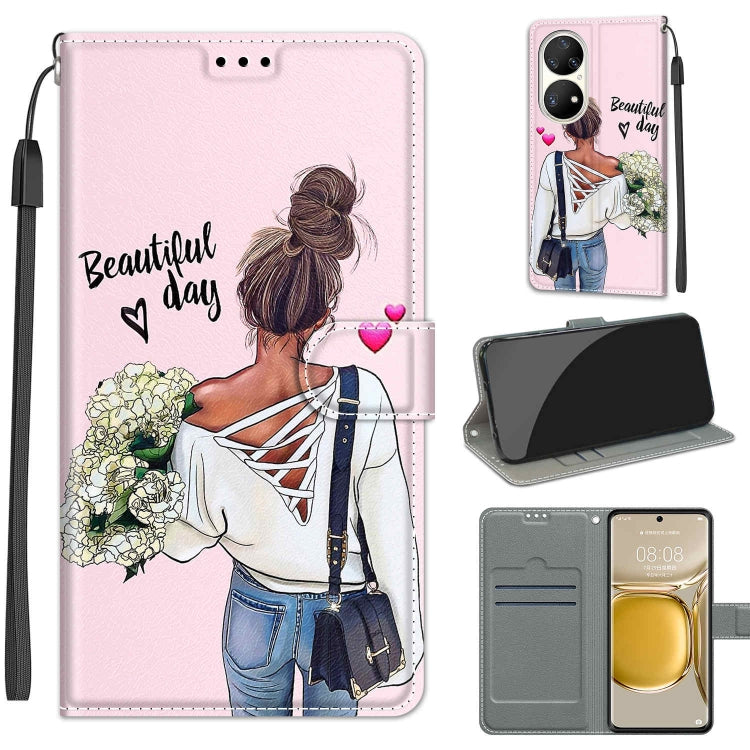 Voltage Coloured Drawing Magnetic Clasp Horizontal Flip PU Leather Case with Holder & Card Slots – Magnetic, Card Slot, Flip, For Huawei P50 Pro For Huawei P50 Pro C09 Hug Flower