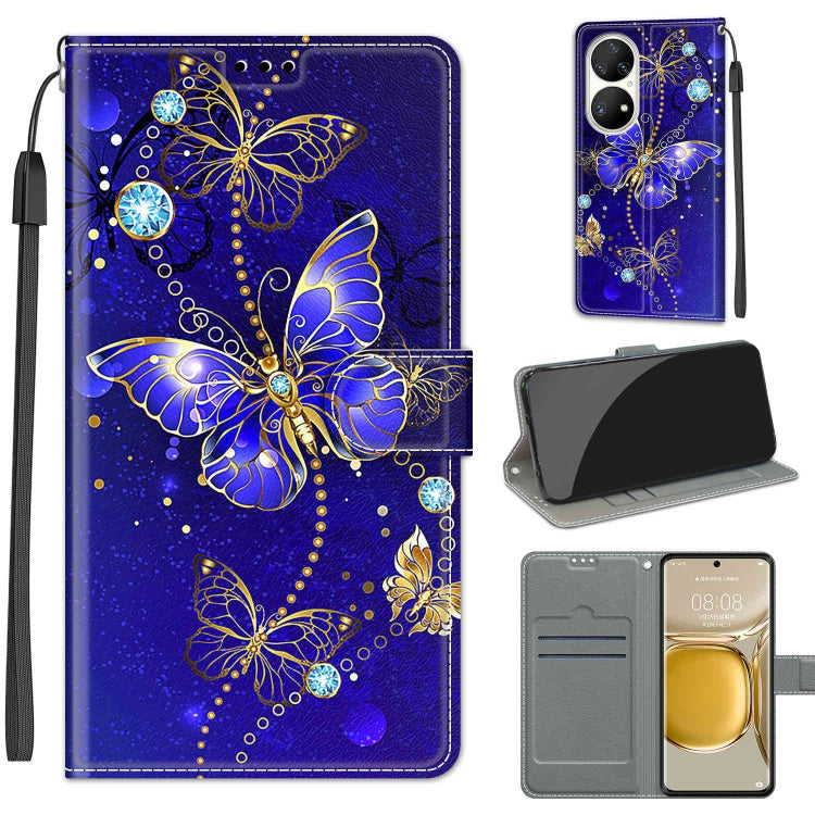 Voltage Coloured Drawing Magnetic Clasp Horizontal Flip PU Leather Case with Holder & Card Slots – Magnetic, Card Slot, Flip, For Huawei P50 Pro For Huawei P50 Pro C11 Blue Golden Chain Butterflies