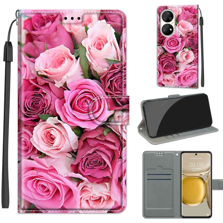 Voltage Coloured Drawing Magnetic Clasp Horizontal Flip PU Leather Case with Holder & Card Slots – Magnetic, Card Slot, Flip, For Huawei P50 Pro For Huawei P50 Pro C17 Green Leaf Pink Rose