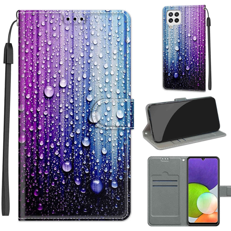Voltage Coloured Drawing Magnetic Clasp Horizontal Flip PU Leather Case with Holder & Card Slots – Magnetic, Card Slot, Flip, For Samsung Galaxy A22 4G For Samsung Galaxy A22 4G C05 Purple Blue Water Drops