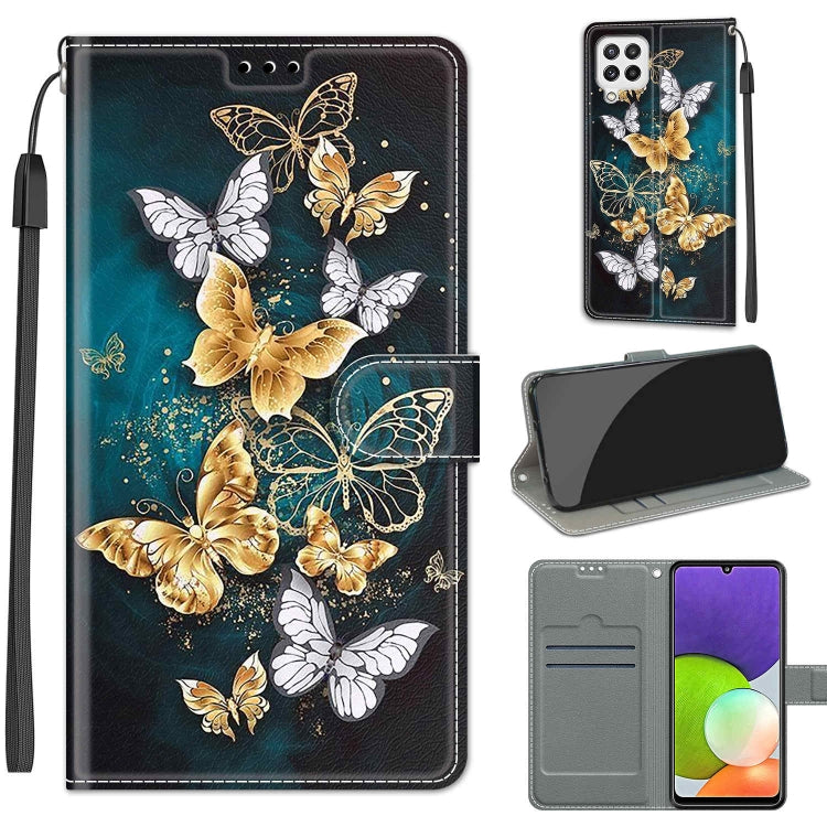 Voltage Coloured Drawing Magnetic Clasp Horizontal Flip PU Leather Case with Holder & Card Slots – Magnetic, Card Slot, Flip, For Samsung Galaxy A22 4G For Samsung Galaxy A22 4G C20 Gold Silver Flying Butterflies