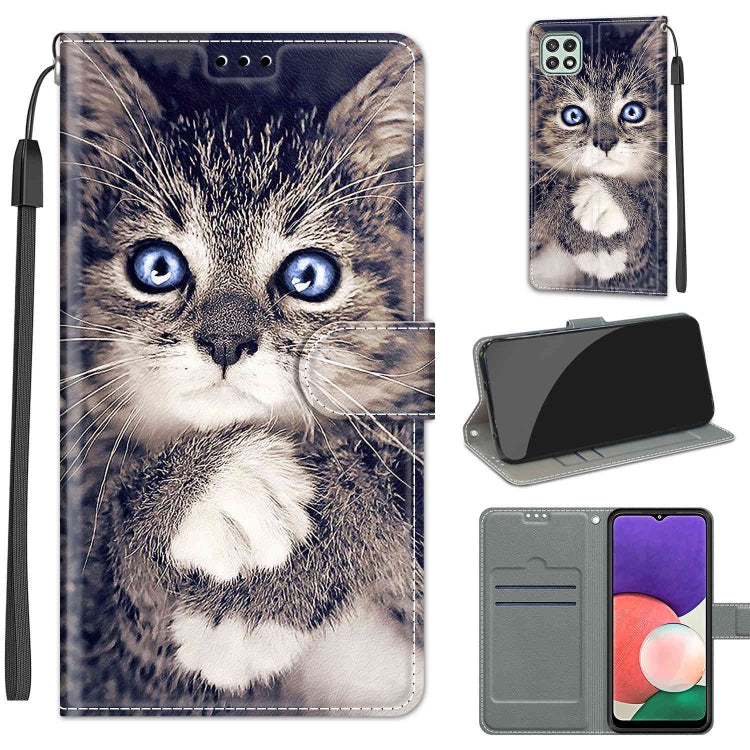 Voltage Coloured Drawing Magnetic Clasp Horizontal Flip PU Leather Case with Holder & Card Slots – Magnetic, Card Slot, Flip, For Samsung Galaxy A22 5G For Samsung Galaxy A22 5G C02 Fork Hand White Claw Cat