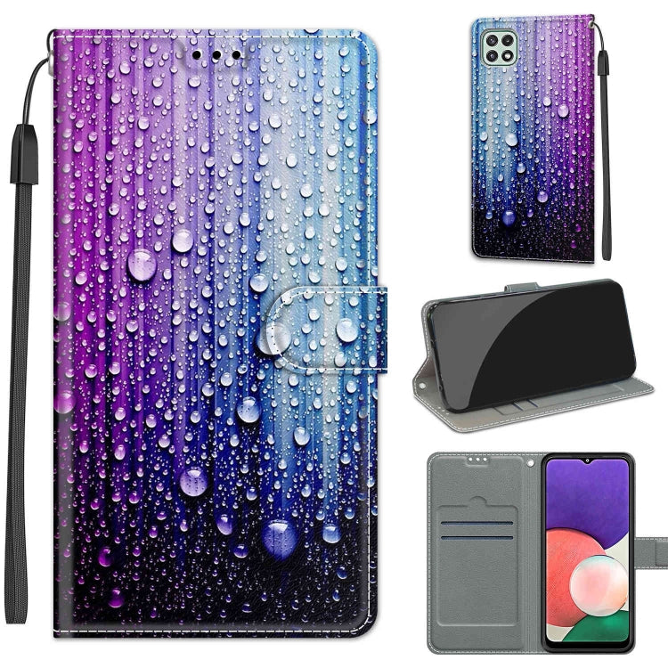 Voltage Coloured Drawing Magnetic Clasp Horizontal Flip PU Leather Case with Holder & Card Slots – Magnetic, Card Slot, Flip, For Samsung Galaxy A22 5G For Samsung Galaxy A22 5G C05 Purple Blue Water Drops