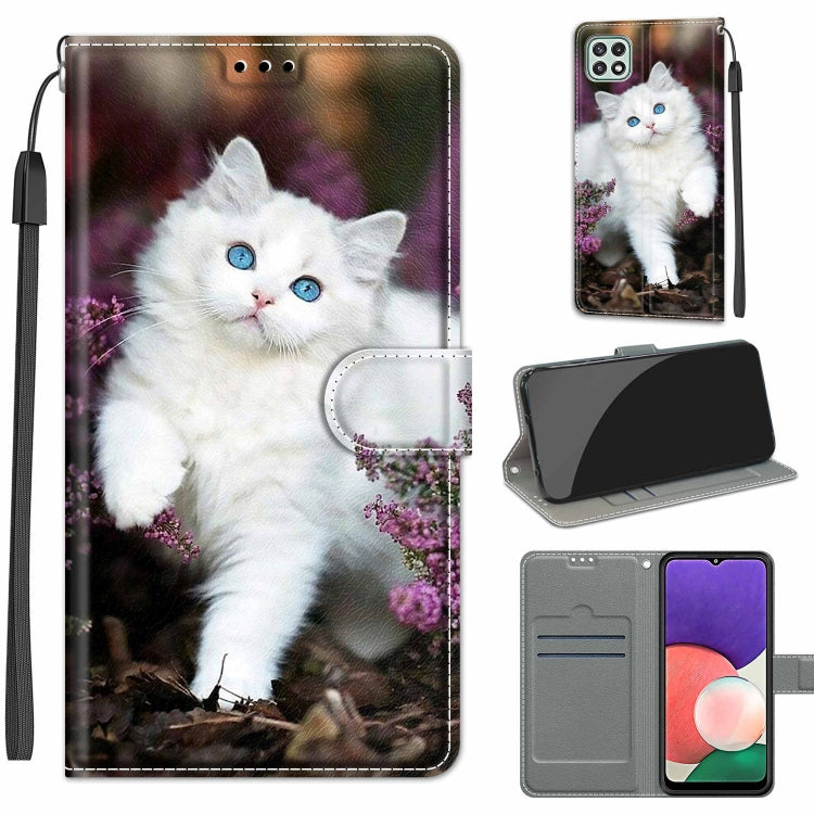 Voltage Coloured Drawing Magnetic Clasp Horizontal Flip PU Leather Case with Holder & Card Slots – Magnetic, Card Slot, Flip, For Samsung Galaxy A22 5G For Samsung Galaxy A22 5G C08 Flower Bush Big White Cat