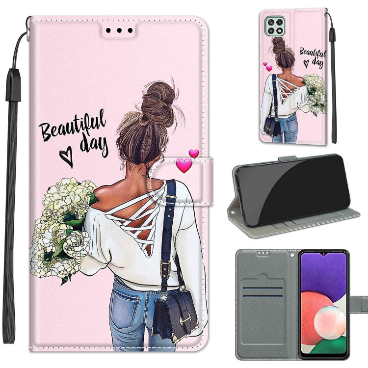 Voltage Coloured Drawing Magnetic Clasp Horizontal Flip PU Leather Case with Holder & Card Slots – Magnetic, Card Slot, Flip, For Samsung Galaxy A22 5G For Samsung Galaxy A22 5G C09 Hug Flower