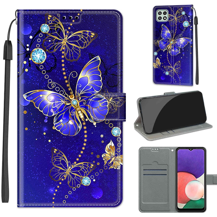 Voltage Coloured Drawing Magnetic Clasp Horizontal Flip PU Leather Case with Holder & Card Slots – Magnetic, Card Slot, Flip, For Samsung Galaxy A22 5G For Samsung Galaxy A22 5G C11 Blue Golden Chain Butterflies