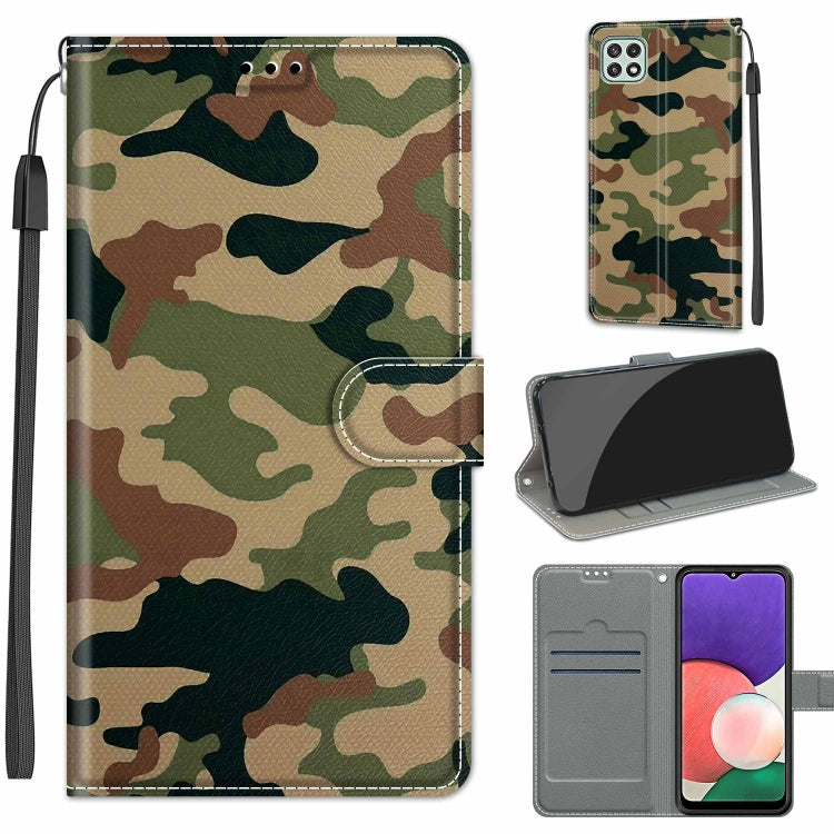 Voltage Coloured Drawing Magnetic Clasp Horizontal Flip PU Leather Case with Holder & Card Slots – Magnetic, Card Slot, Flip, For Samsung Galaxy A22 5G For Samsung Galaxy A22 5G C12 Green Yellow Camouflage