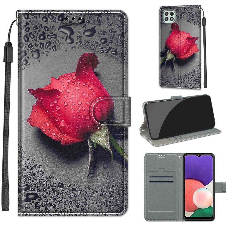Voltage Coloured Drawing Magnetic Clasp Horizontal Flip PU Leather Case with Holder & Card Slots – Magnetic, Card Slot, Flip, For Samsung Galaxy A22 5G For Samsung Galaxy A22 5G C14 Black Water Drop Rose