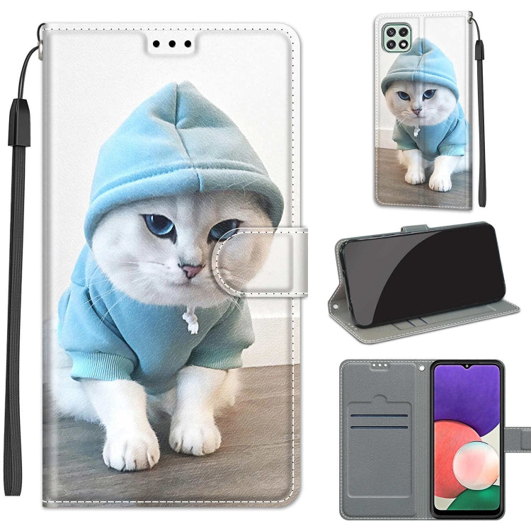 Voltage Coloured Drawing Magnetic Clasp Horizontal Flip PU Leather Case with Holder & Card Slots – Magnetic, Card Slot, Flip, For Samsung Galaxy A22 5G For Samsung Galaxy A22 5G C15 Blue Sweater White Cat