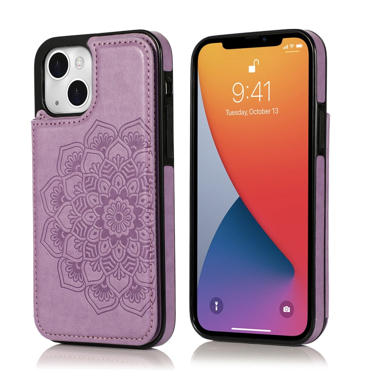 Double Buckle Mandala Pattern PU+TPU Protective Case with Card Slots &... (iPhone 13 mini) For iPhone 13 mini Purple