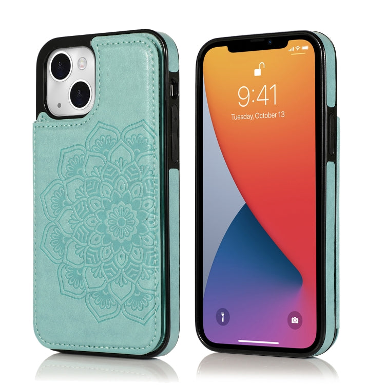Double Buckle Mandala Pattern PU+TPU Protective Case with Card Slots &... (iPhone 13 mini) For iPhone 13 Green