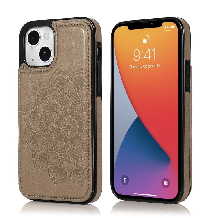 Double Buckle Mandala Pattern PU+TPU Protective Case with Card Slots &... (iPhone 13 mini) For iPhone 13 Grey