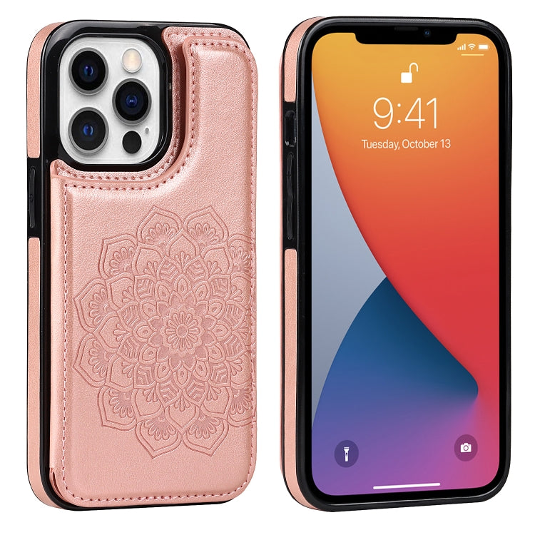 Double Buckle Mandala Pattern PU+TPU Protective Case with Card Slots &... (iPhone 13 mini) For iPhone 13 Pro Rose Gold