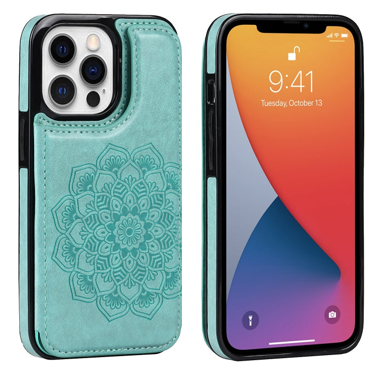 Double Buckle Mandala Pattern PU+TPU Protective Case with Card Slots &... (iPhone 13 mini) For iPhone 13 Pro Green