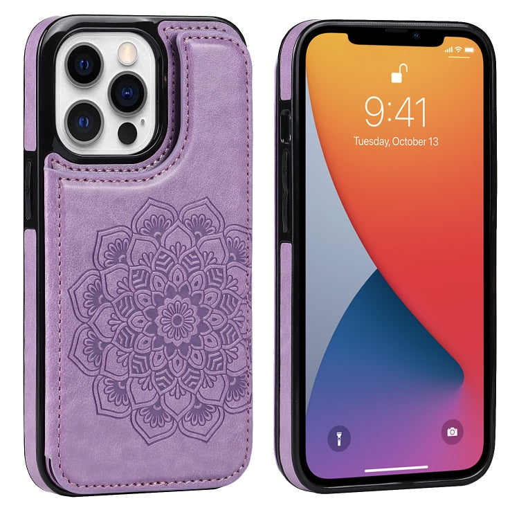 Double Buckle Mandala Pattern PU+TPU Protective Case with Card Slots &... (iPhone 13 mini) For iPhone 13 Pro Max Purple