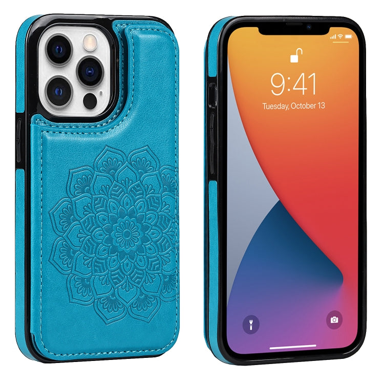 Double Buckle Mandala Pattern PU+TPU Protective Case with Card Slots &... (iPhone 13 mini) For iPhone 13 Pro Max Blue
