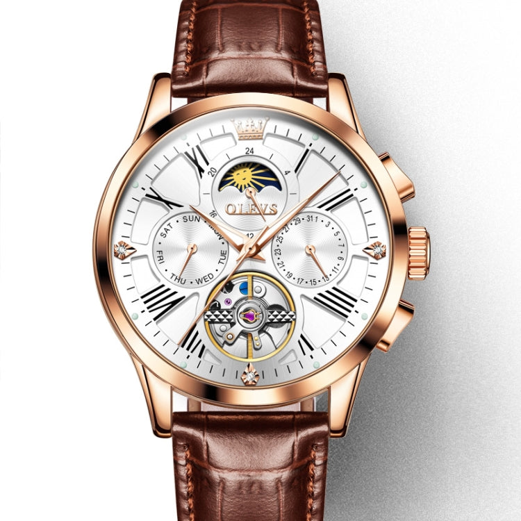 OLEVS 9912 Hollow Flywheel Week Calendar Dial Luminous Mechanical Watch for Men Rose Gold Shell White Surface