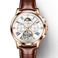 OLEVS 9912 Hollow Flywheel Week Calendar Dial Luminous Mechanical Watch for Men Rose Gold Shell White Surface