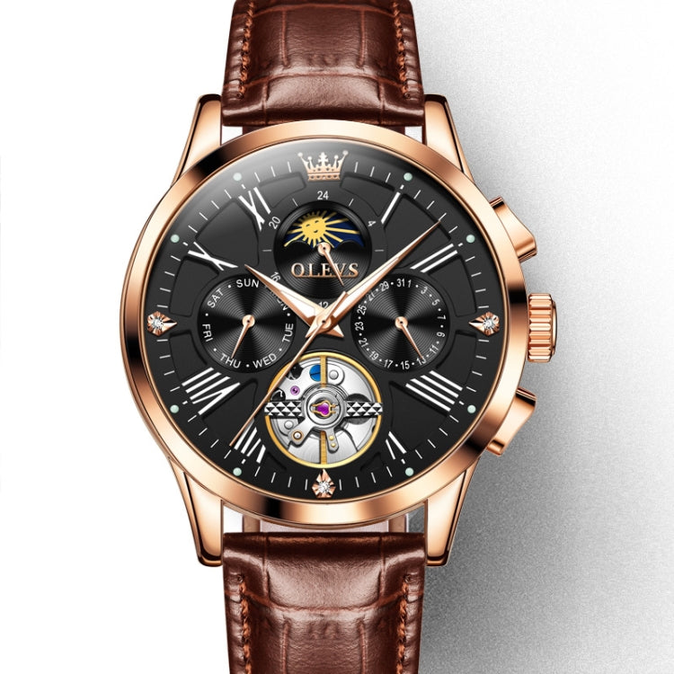 OLEVS 9912 Hollow Flywheel Week Calendar Dial Luminous Mechanical Watch for Men Rose Gold Shell Black Surface