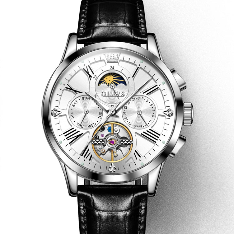 OLEVS 9912 Hollow Flywheel Week Calendar Dial Luminous Mechanical Watch for Men Silver Shell White Surface
