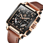 OLEVS 9919 Square Dial Chronograph Luminous Quartz Watch for Men Brown Leather Rose Shell Black Surface