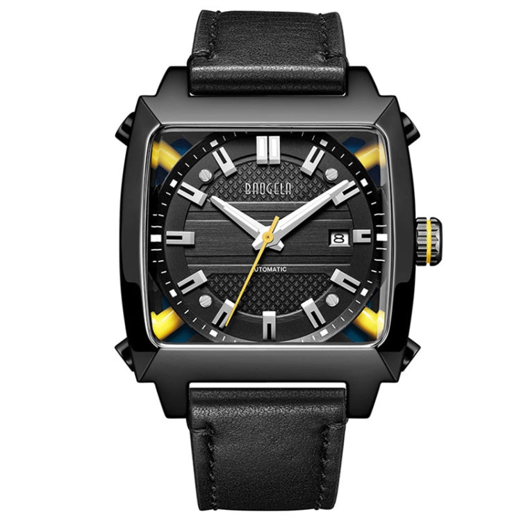 BAOGELA 6763G Square Dial Leather Strap Clock Calendar Mechanical Watch For Men Black