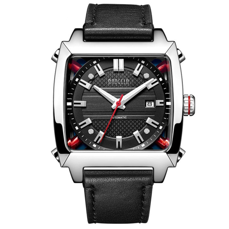 BAOGELA 6763G Square Dial Leather Strap Clock Calendar Mechanical Watch For Men Silver Black