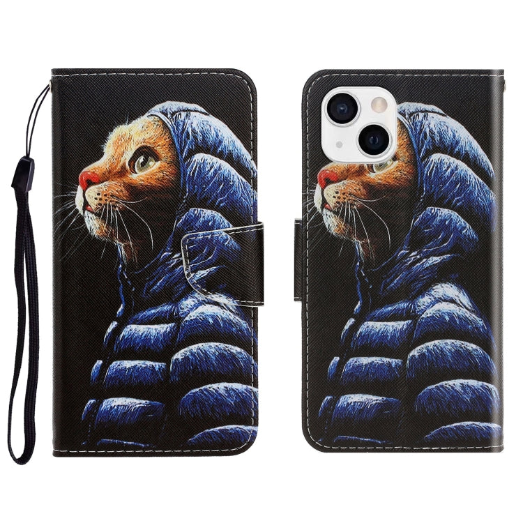 3D Colored Drawing Horizontal Flip Leather Phone Case – Card Slot, Flip, Leather, For iPhone 13 For iPhone 13 Down Jacket Cat