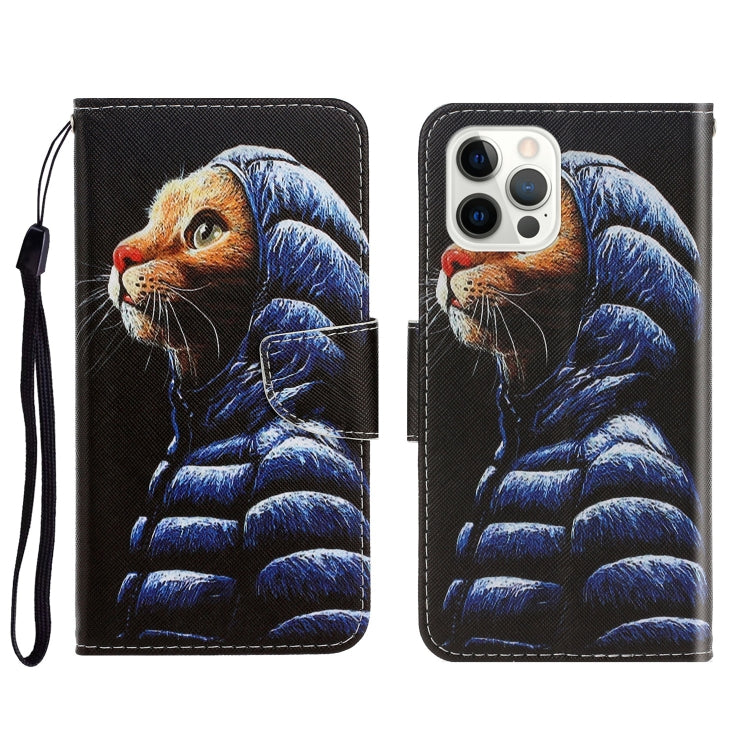 3D Colored Drawing Horizontal Flip Leather Phone Case, For iPhone 13 Pro For iPhone 13 Pro Down Jacket Cat