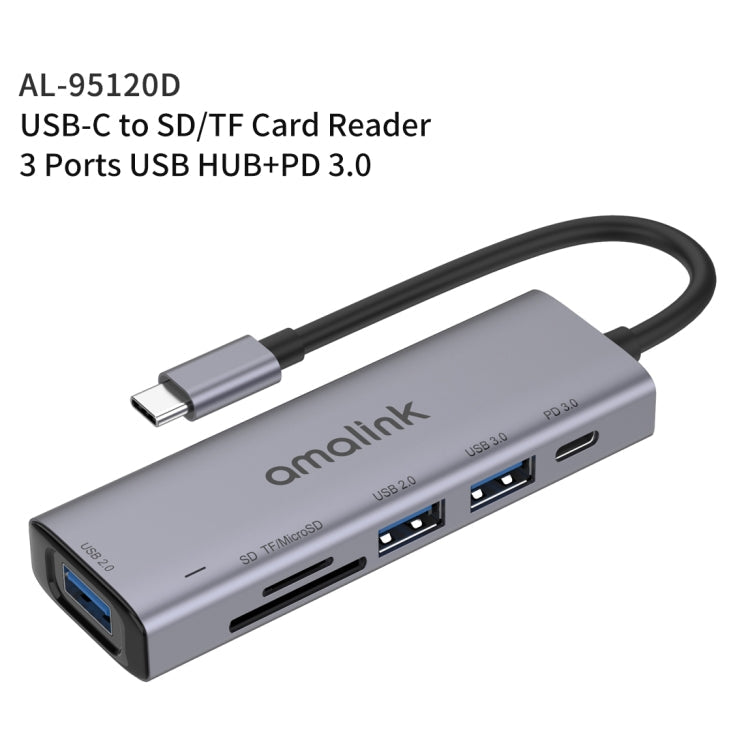 amalink 95120D Type-C / USB-C to SD/TF + 3 Ports USB + PD 3.0 Multi-function HUB Docking Station, 95120D – Aluminum Alloy, TPU
