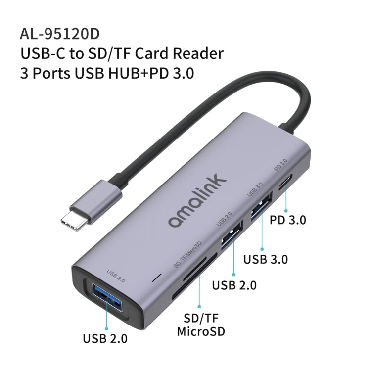 amalink 95120D Type-C / USB-C to SD/TF + 3 Ports USB + PD 3.0 Multi-function HUB Docking Station, 95120D – Aluminum Alloy, TPU