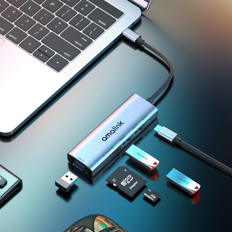 amalink 95120D Type-C / USB-C to SD/TF + 3 Ports USB + PD 3.0 Multi-function HUB Docking Station, 95120D – Aluminum Alloy, TPU