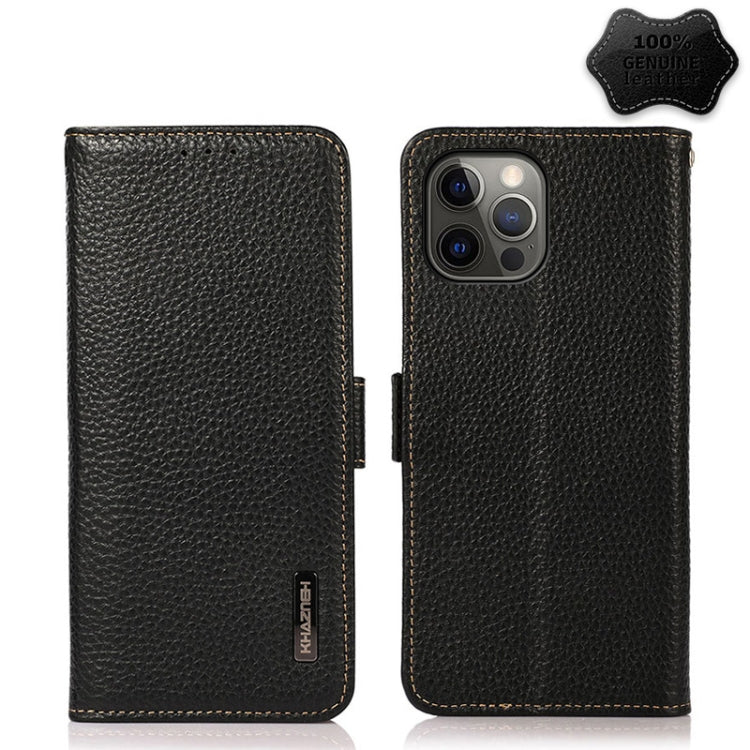 KHAZNEH Side-Magnetic Litchi Genuine Leather RFID Case, For iPhone 12 Pro Max, For iPhone 11, For iPhone 11 Pro, For iPhone 11 Pro Max For iPhone 12 Pro Max Black