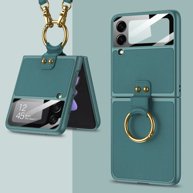 GKK Ultra-thin PC + PU Phone Case with Ring & Strap, For Samsung Galaxy Z Flip3 5G For Samsung Galaxy Z Flip3 5G Dark Green