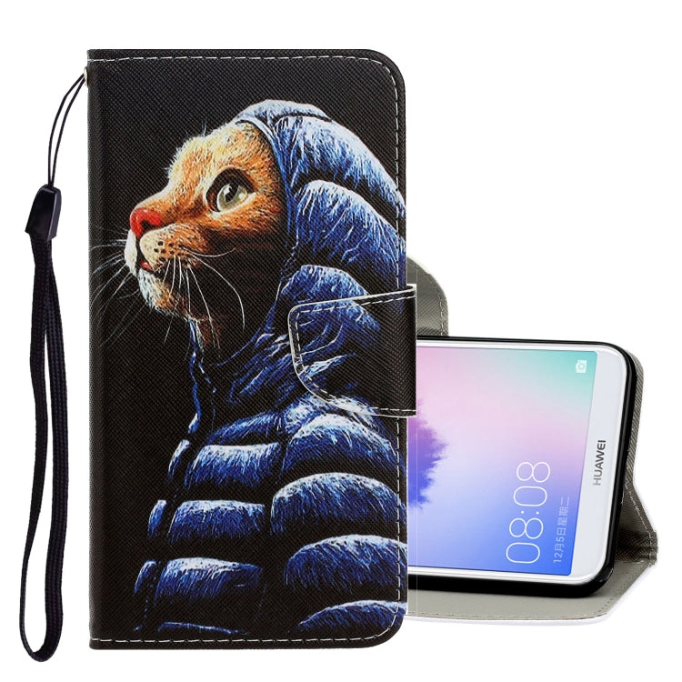 3D Colored Drawing Horizontal Flip PU Leather Case with Holder & Card Slots & Wallet – Card Slot, Flip, Leather, For Huawei Enjoy 7S For Huawei Enjoy 7S Down Jacket Cat