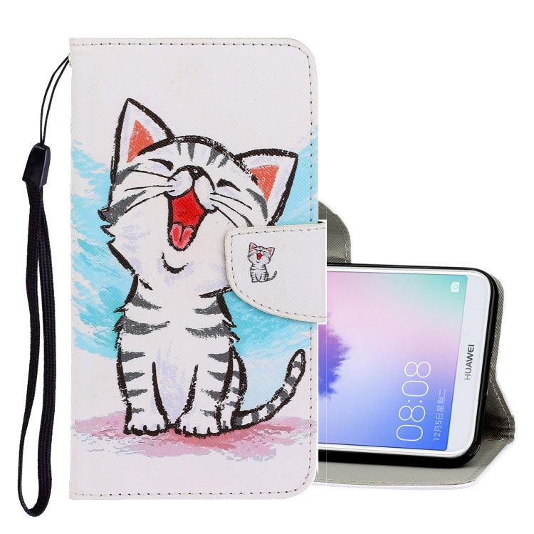 3D Colored Drawing Horizontal Flip PU Leather Case with Holder & Card Slots & Wallet – Card Slot, Flip, Leather, For Huawei Enjoy 7S For Huawei Enjoy 7S Red Mouth Cat