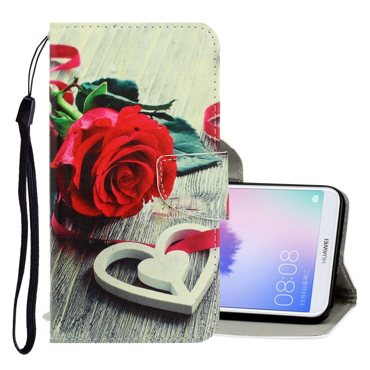 3D Colored Drawing Horizontal Flip PU Leather Case with Holder & Card Slots & Wallet – Card Slot, Flip, Leather, For Huawei Enjoy 7S For Huawei Enjoy 7S Red Rose