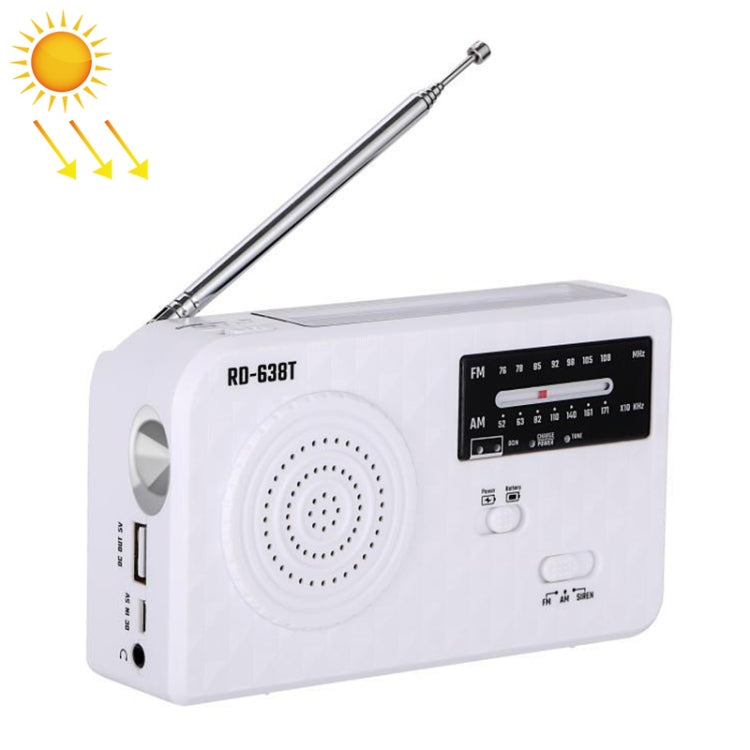 RD-638T Two-band Solar Powered AM / FM Radio Player Flashlight with Dynamo Function White