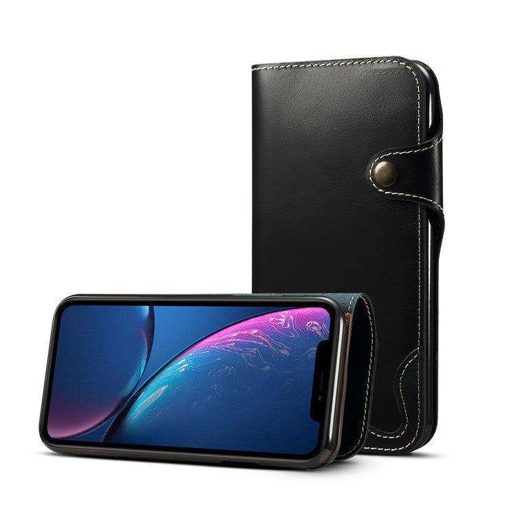 Denior Oil Wax Cowhide Magnetic Button Horizontal Flip Leather Case with Card Slots & Wallet, For iPhone XR, For Galaxy S8 Plus, For iPhone XS Max, For Galaxy S9, For Galaxy S9 Plus, For Galaxy Note 8 For iPhone XR Black