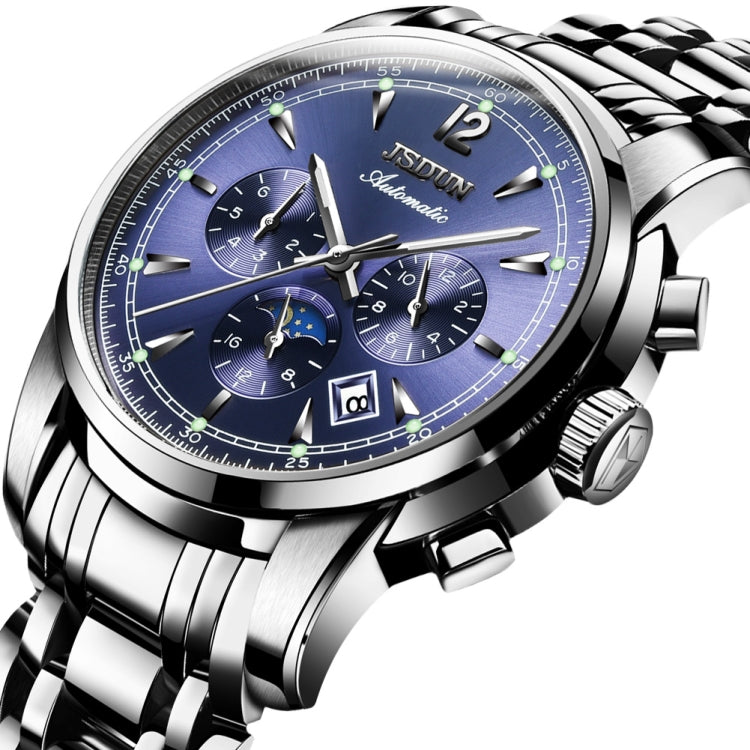 JIN SHI DUN 8750 Men Fashion Waterproof Luminous Mechanical Watch Silver Blue