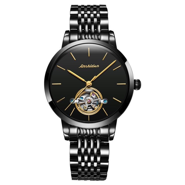JIN SHI DUN 8812 Women Simple Hollowed Waterproof Automatic Mechanical Watch Black Steel Strip