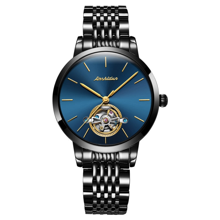 JIN SHI DUN 8812 Women Simple Hollowed Waterproof Automatic Mechanical Watch Black Steel Strip Blue