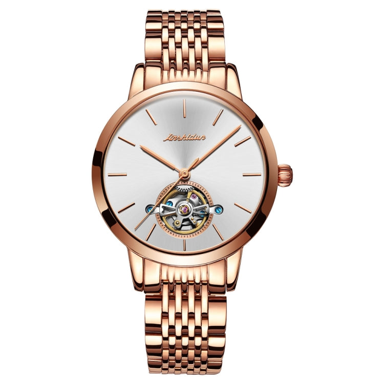 JIN SHI DUN 8812 Women Simple Hollowed Waterproof Automatic Mechanical Watch Rose Gold Steel Strip White