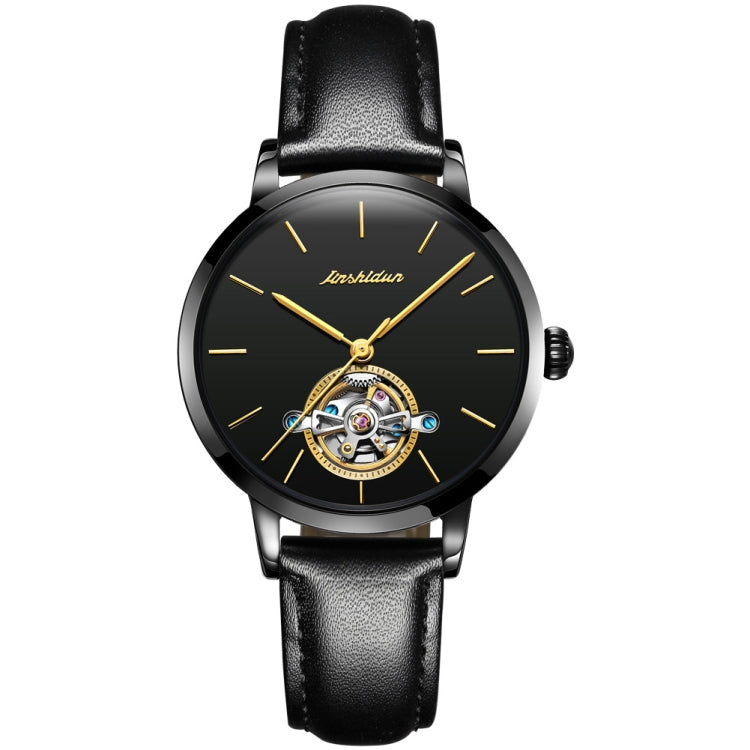 JIN SHI DUN 8812 Women Simple Hollowed Waterproof Automatic Mechanical Watch Black Leather Strip